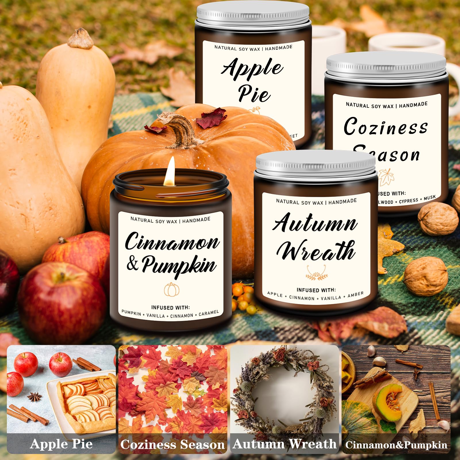 Fall Scented Candles Set of 4 - Apple Pie, Autumn Wreath, Cozy Season & Cinnamon Pumpkin Aromas | Home Decor & Seasonal Gifts for Women & Men | Perfect for Thanksgiving, Cozy Evenings & Autumn Home Fragrance