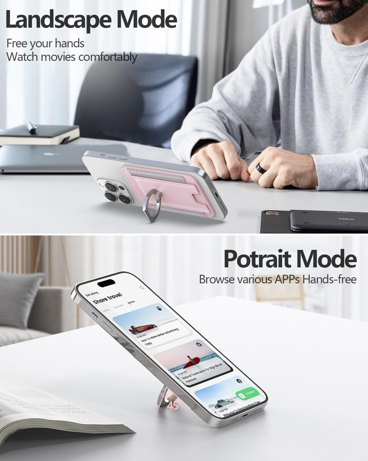 Miroddi Magnetic Wallet for iPhone 16/15/14/13/12 Series - Leather Magsafe Card Holder with Grip & Ring Stand | Slim RFID Blocking Wallet Fits 6 Cards (Pink) | Perfect for Everyday Use, Travel & Contactless Payments
