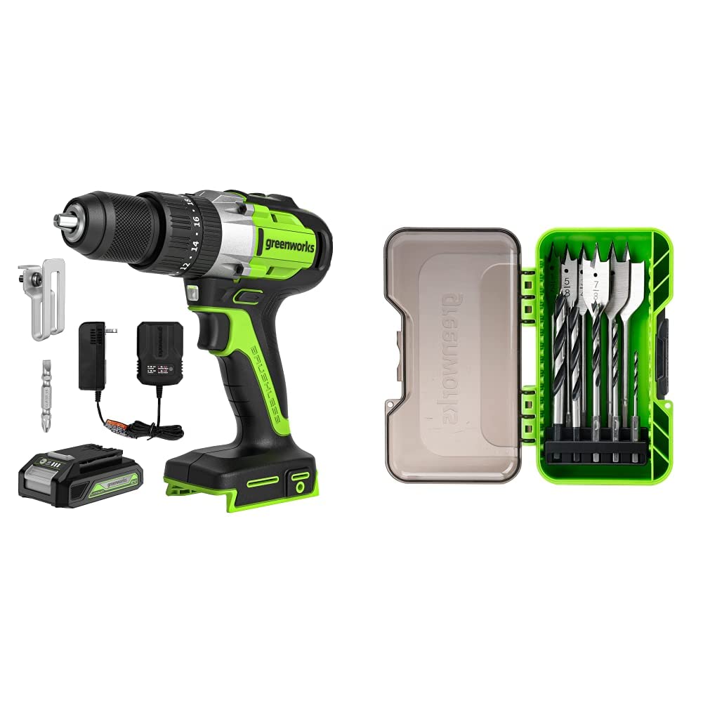 Greenworks 24V Brushless Cordless Hammer Drill Kit with Battery & Charger | 11-Piece Wood Drilling Bit Set Included | Perfect for DIY Home Projects, Woodworking & Construction Work