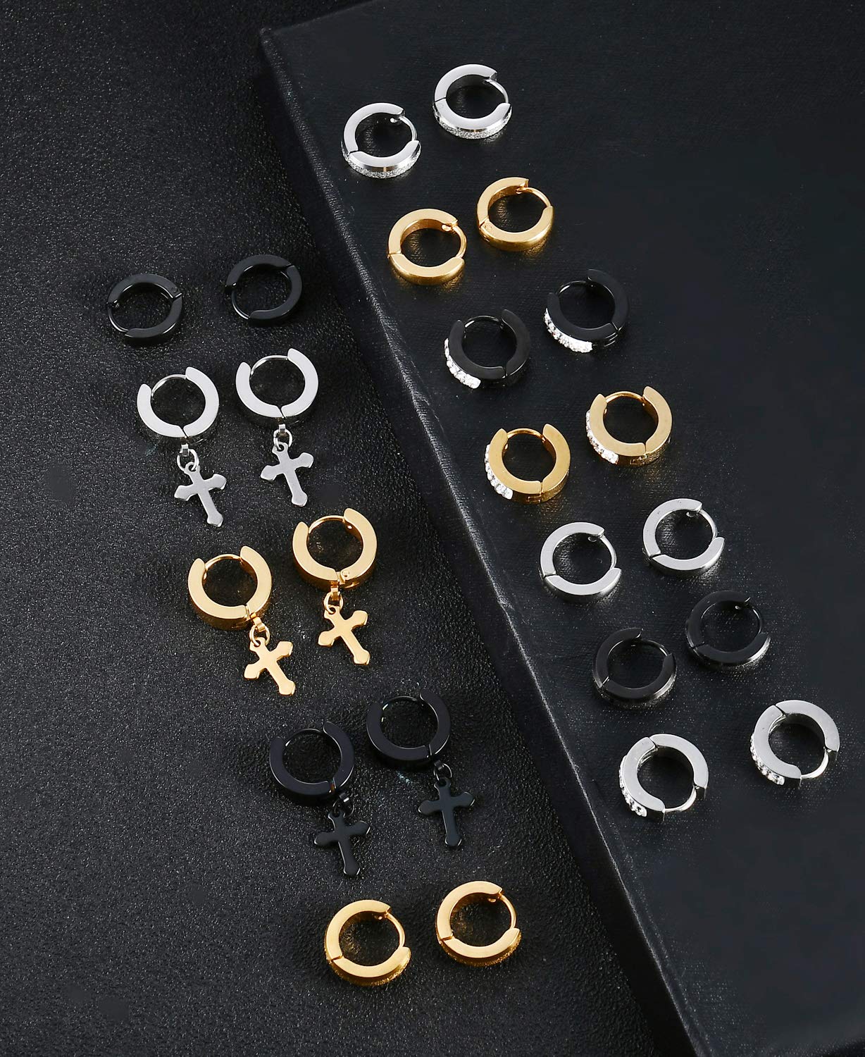 12 Pairs Stainless Steel Small Hoop Earrings Set - CZ Inlaid Huggie & Dangle Earrings for Men & Women (Silver/Black/Gold) | Everyday Wear, Gift Giving, Party & Wedding Accessories
