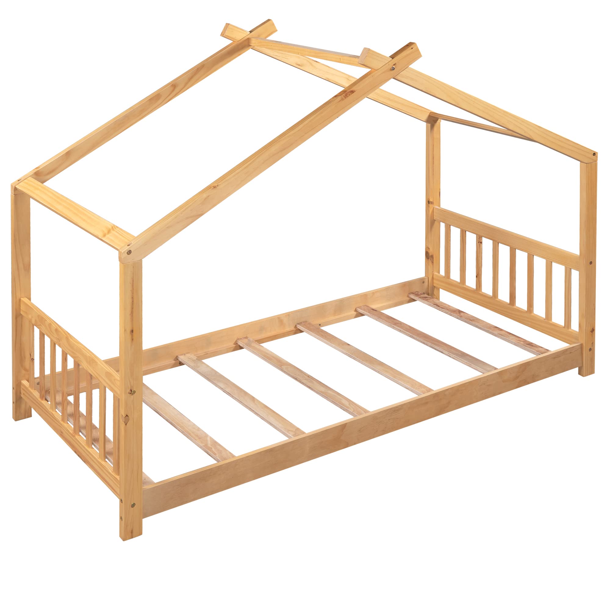 Merax Twin Size Wooden House Platform Bed Frame with Headboard & Footboard - Low Profile Kids Bed No Box Spring Needed - Natural Finish for Nursery, Bedroom & Playroom Decor