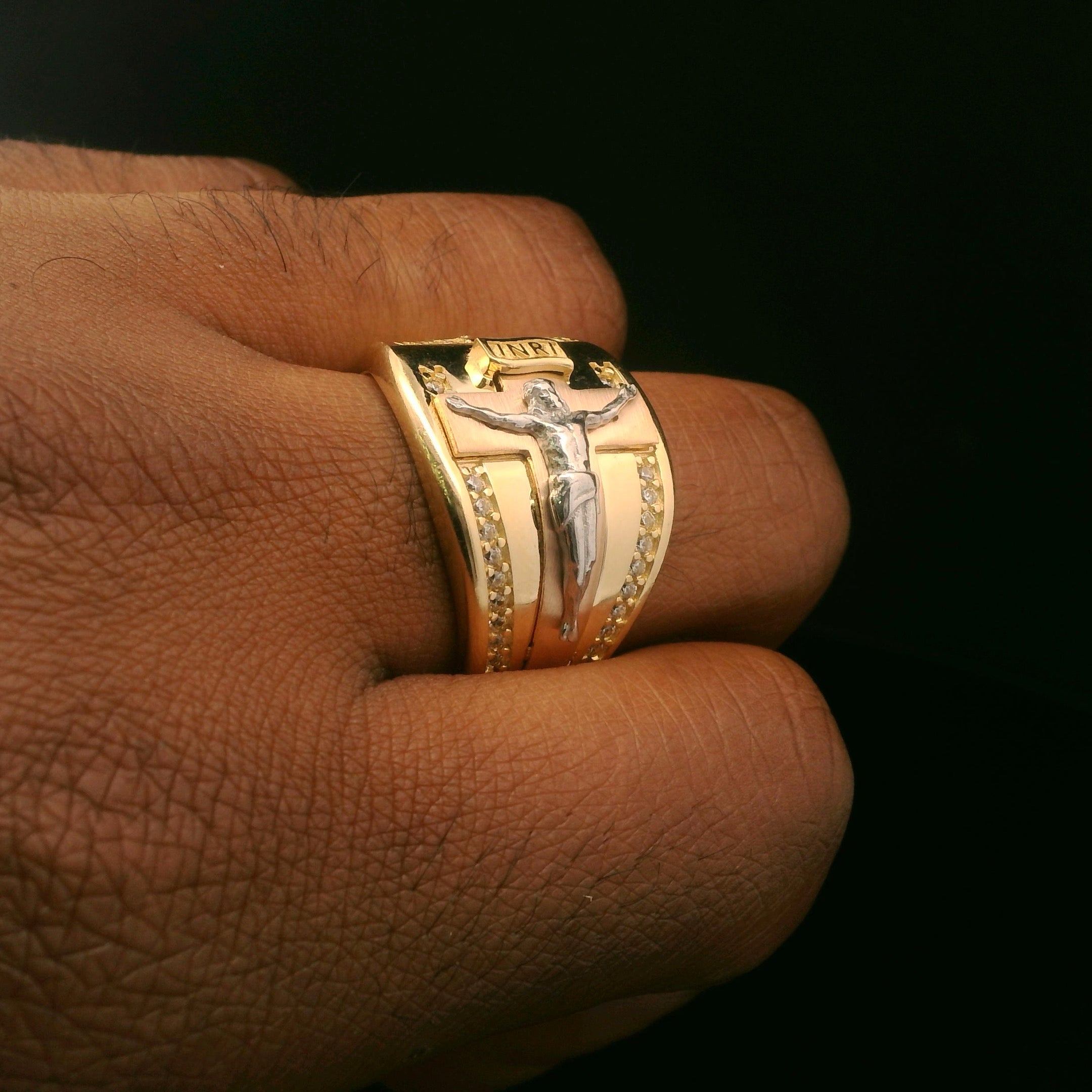 14K Gold Jesus Cross Ring with CZ Stones - Religious Jewelry for Men & Women - Perfect for Church, Weddings, and Daily Wear