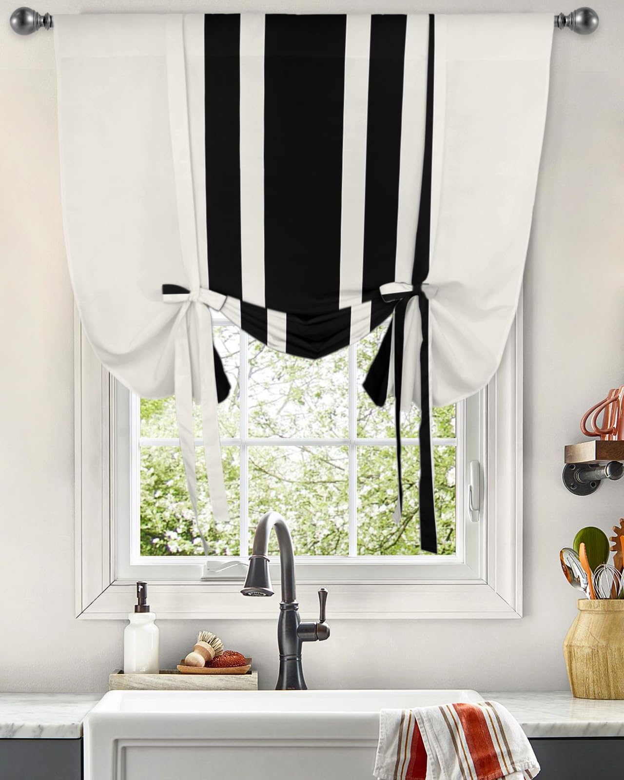 Black and White Striped Balloon Window Shade Curtain - Rustic Farmhouse Style Rod Pocket Short Curtain for Small Windows (42x63 Inch) | Adjustable Tie-Up Design for Kitchen, Living Room & Countryside Decor | Christmas Holiday Home Decoration