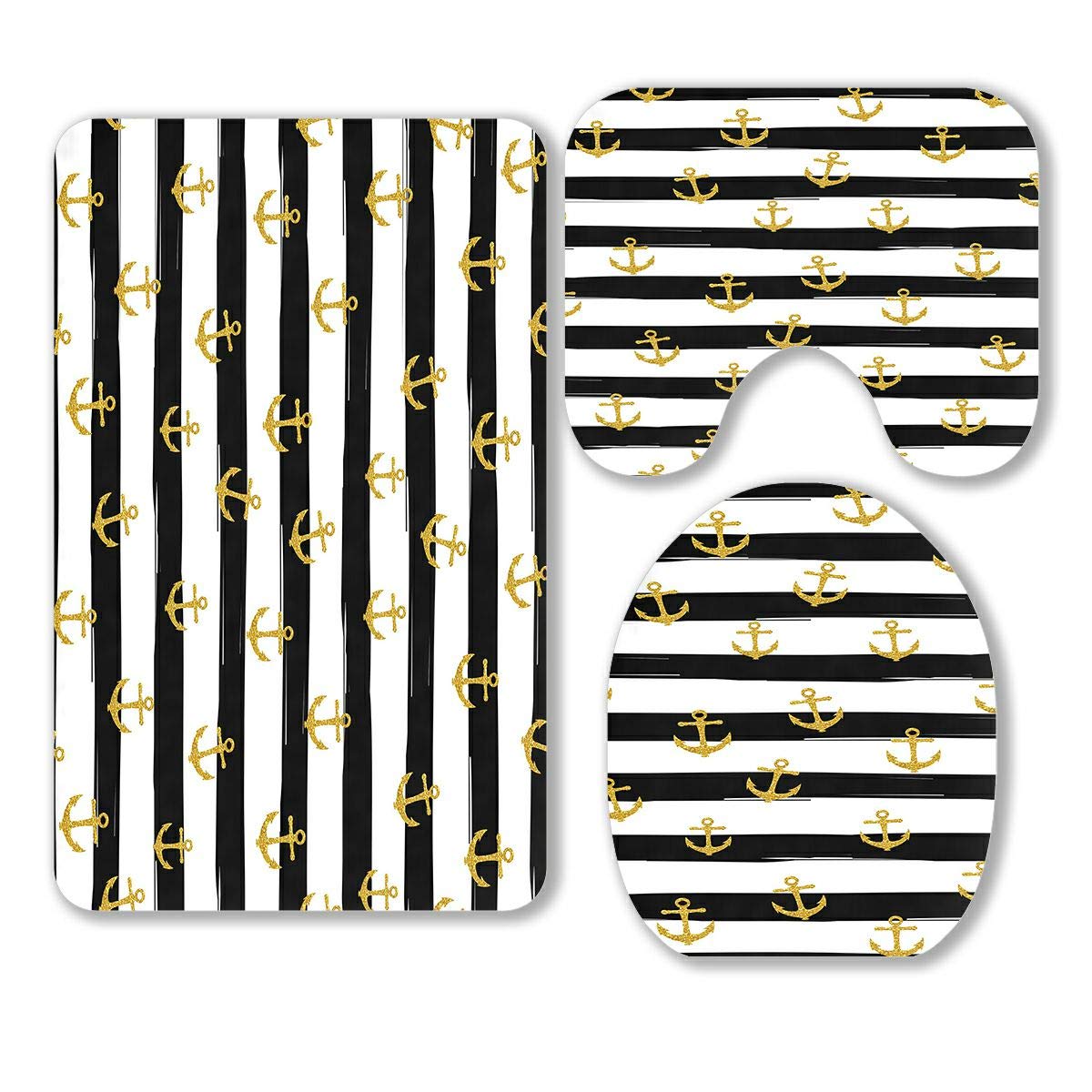 ABPHQTO Summer Gold Glitter Confetti Striped 3-Piece Bathroom Rug Set - Soft Contour Mat & Toilet Lid Cover - Non-Slip Bath Mats for Girls, Women, Teens - Perfect for Bathroom, Vanity, Dorm Decor