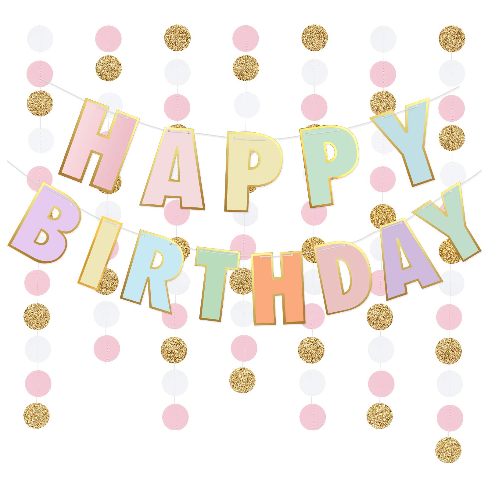 Pre-Strung Happy Birthday Banner & Decorations Set - Pastel Dot Garland for Girls Toddler Birthday Party - Perfect for Baby Shower, Nursery Decor & Birthday Celebrations