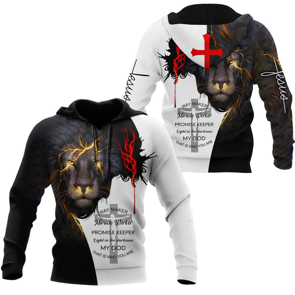 Way Maker Christian 3D Print Lion Jesus Hoodie for Men - All Over Printed Religious Apparel for Worship, Church & Faith-Based Events