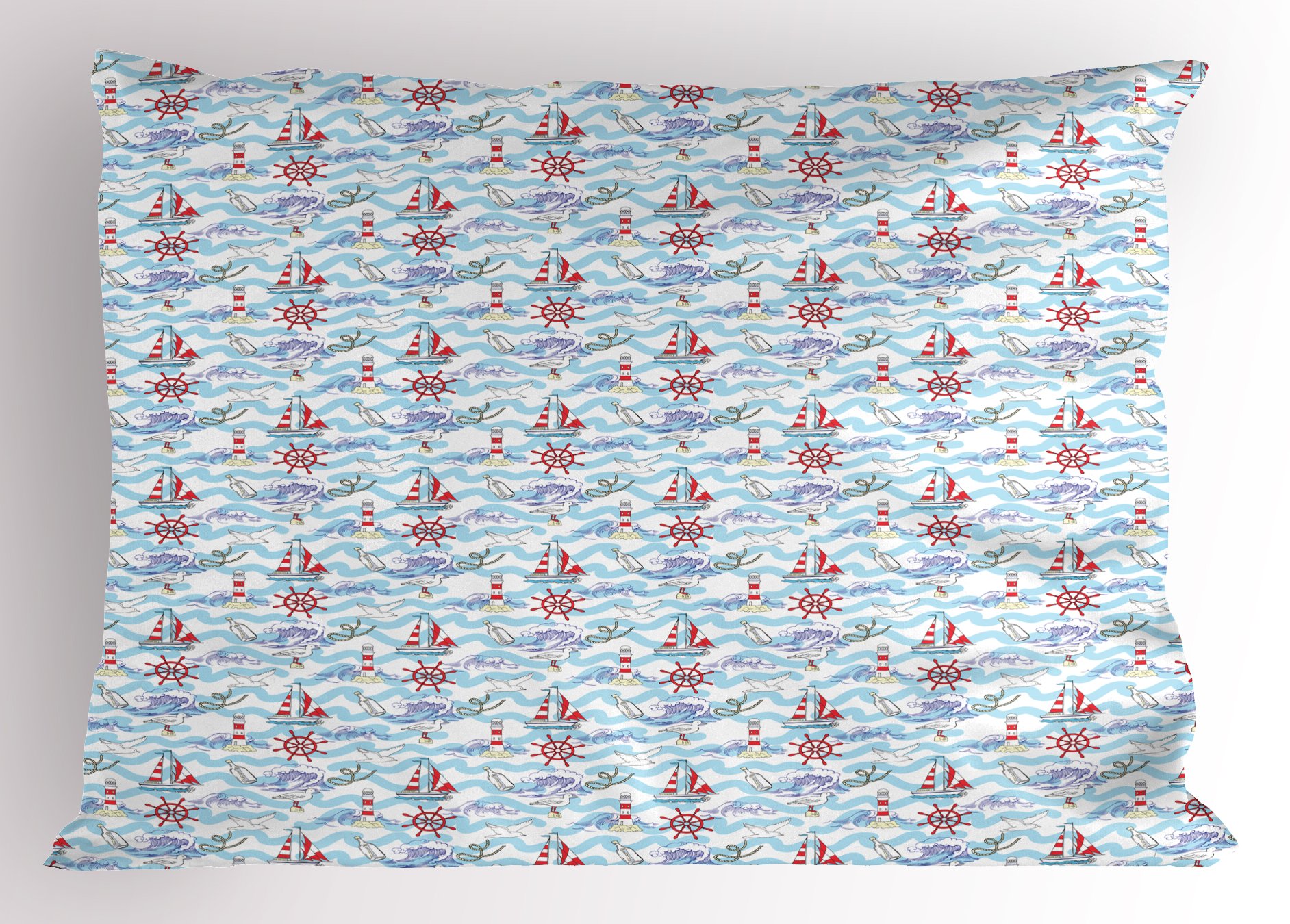 Ambesonne Lighthouse Decorative Pillow Sham - Wavy Stripes Ocean Ship Steering Wheel Seagulls Design - Standard King Size Printed Pillowcase 36