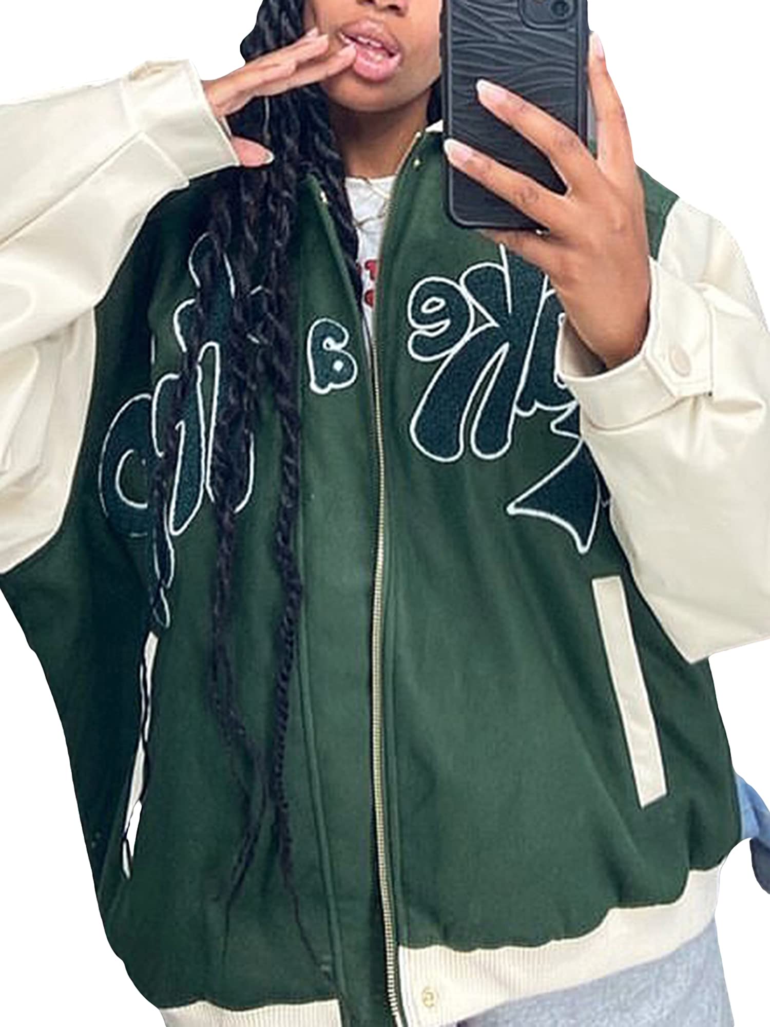 BEELADAN Women's Loose Fit Bomber Jacket - Oversized Y2K Baseball Zip Up Windbreaker Coat for Hip-Hop Streetwear & Casual Sportswear | Perfect for Urban Fashion, Night Out, and Everyday Wear
