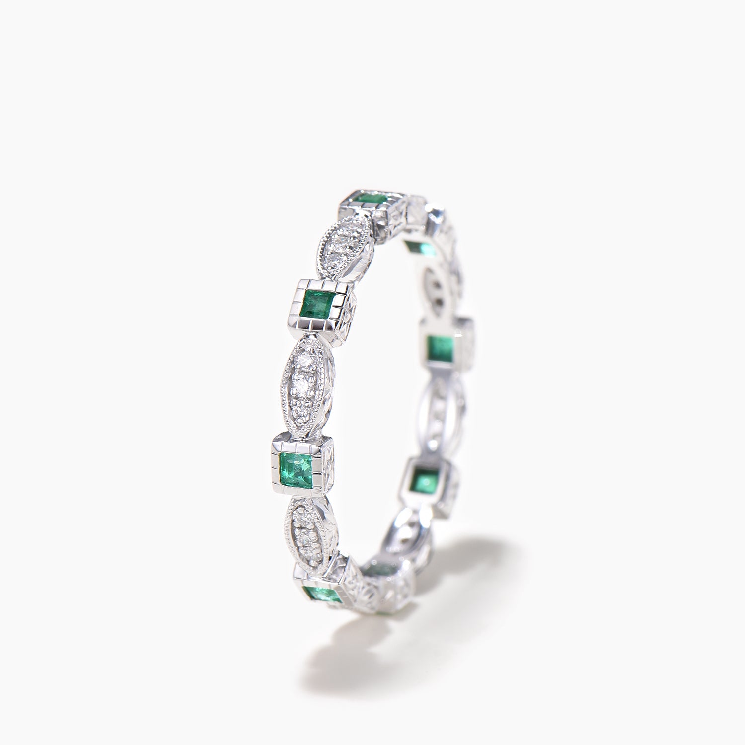Princess Cut Emerald Bezel Wedding Ring - Diamond Full Eternity Band in 14K White Gold - Perfect for Engagement, Anniversary & Bridal Jewelry Gifts