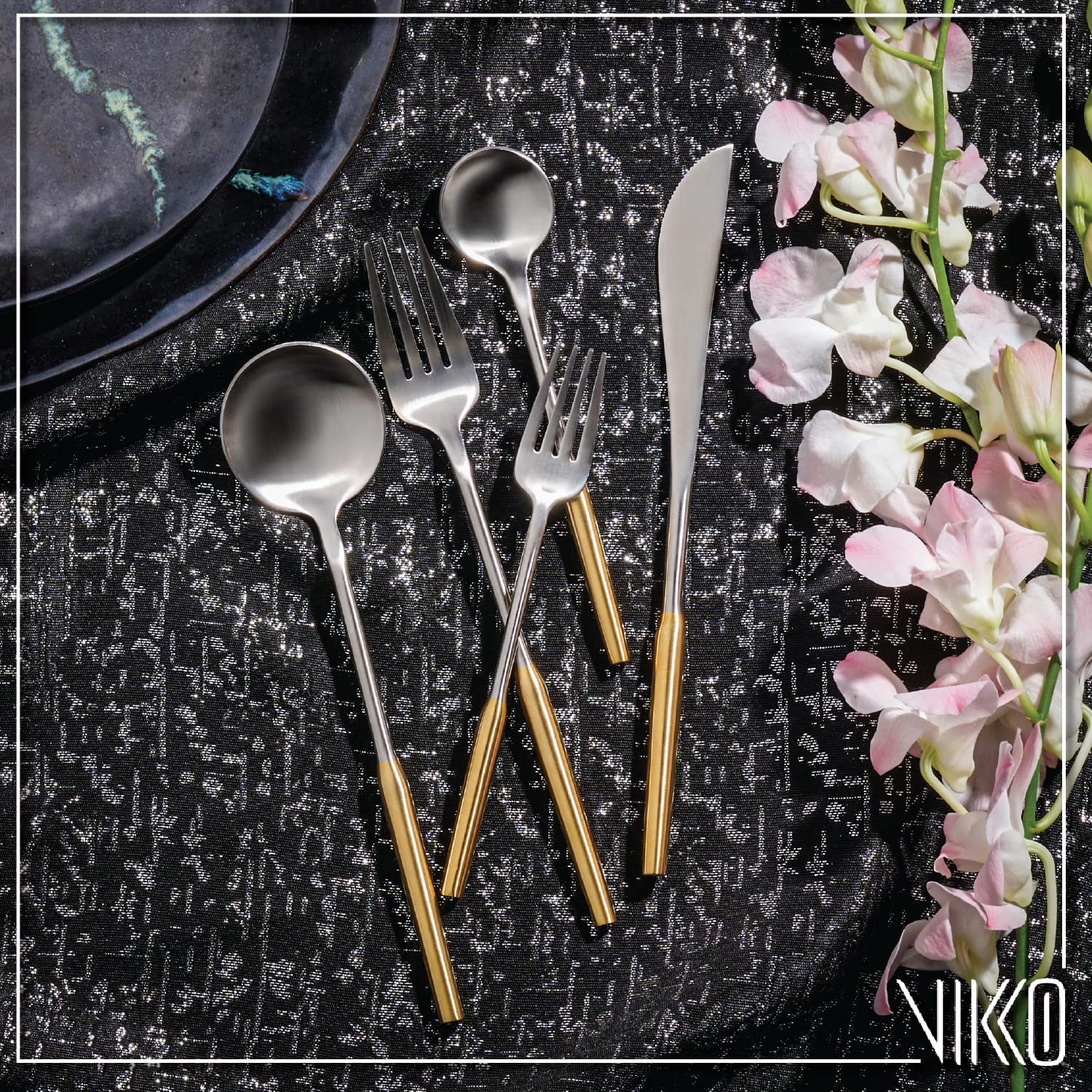 Vikko Modern Two-Tone Silverware Set - Brushed Gold & Silver 18/10 Stainless Steel Flatware - 20 Piece Cutlery Set for 4 - Elegant Dining Utensils for Wedding, Anniversary & Formal Dinner Parties