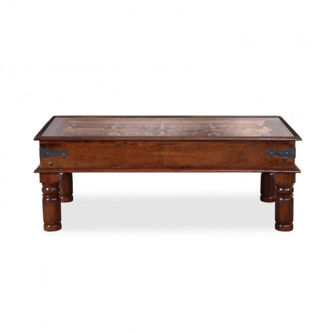 Antique Brass Embossed Solid Wood Coffee Table - Indian Golden Window Design for Living Room, Lounge & Home Decor