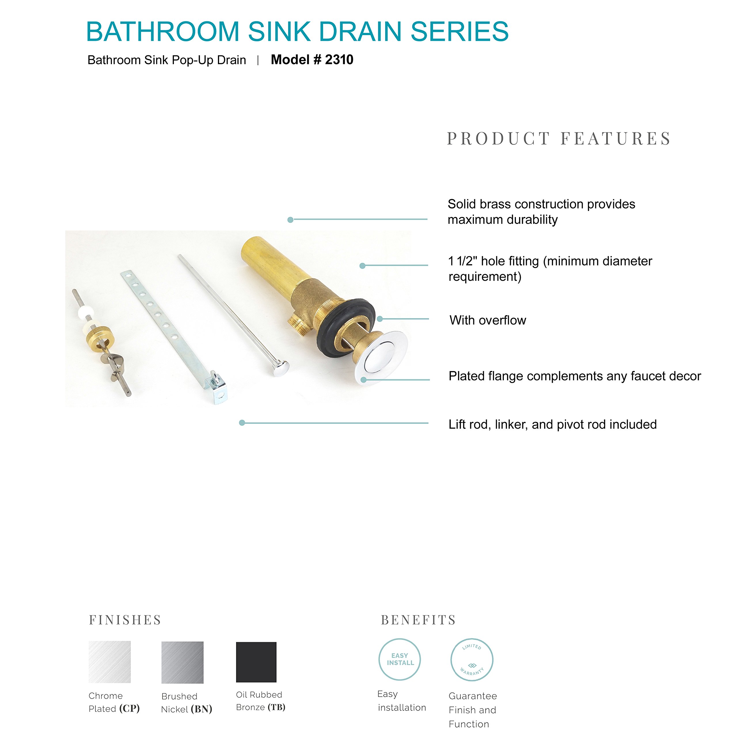 Builders Shoppe 2310CP Bathroom Sink Pop-Up Drain Stopper - Chrome Plated Metal Drain Assembly for Bathroom Vanity Sinks, Easy Installation & Durable Design - Perfect for Home Renovation & Bathroom Upgrades