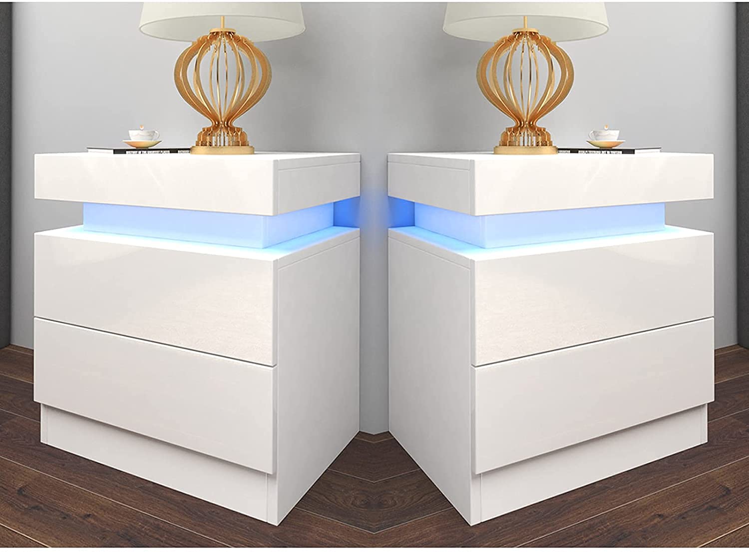 Modern Nightstand with 2 Drawers & LED Lights - High Gloss White Bedside Table (Set of 2) - 16 Color Changing Options for Bedroom, Living Room or Office Decor