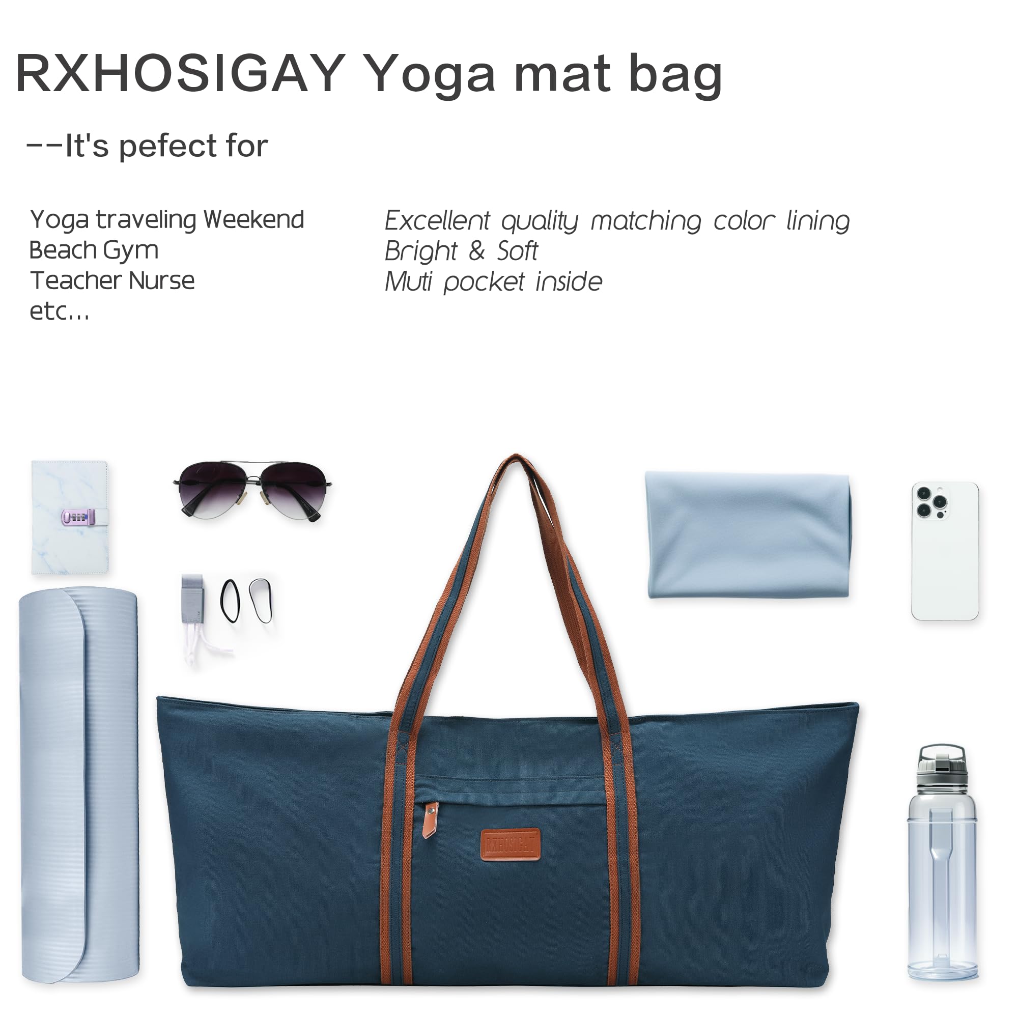Extra Large Yoga Mat Tote Bag with Multi-Functional Storage Pockets - Full-Zip Gym Bag for Pilates, Sports & Fitness - Perfect for Yoga Classes, Gym Workouts & Travel