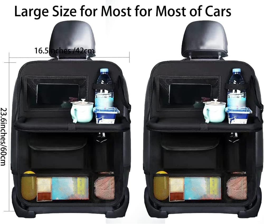 2-Pack Car Backseat Organizer with Foldable Table Tray & Tablet Holder - Waterproof Seat Back Protectors & Kick Mats for Kids - Perfect for Road Trips, School Commutes & Family Travel Accessories