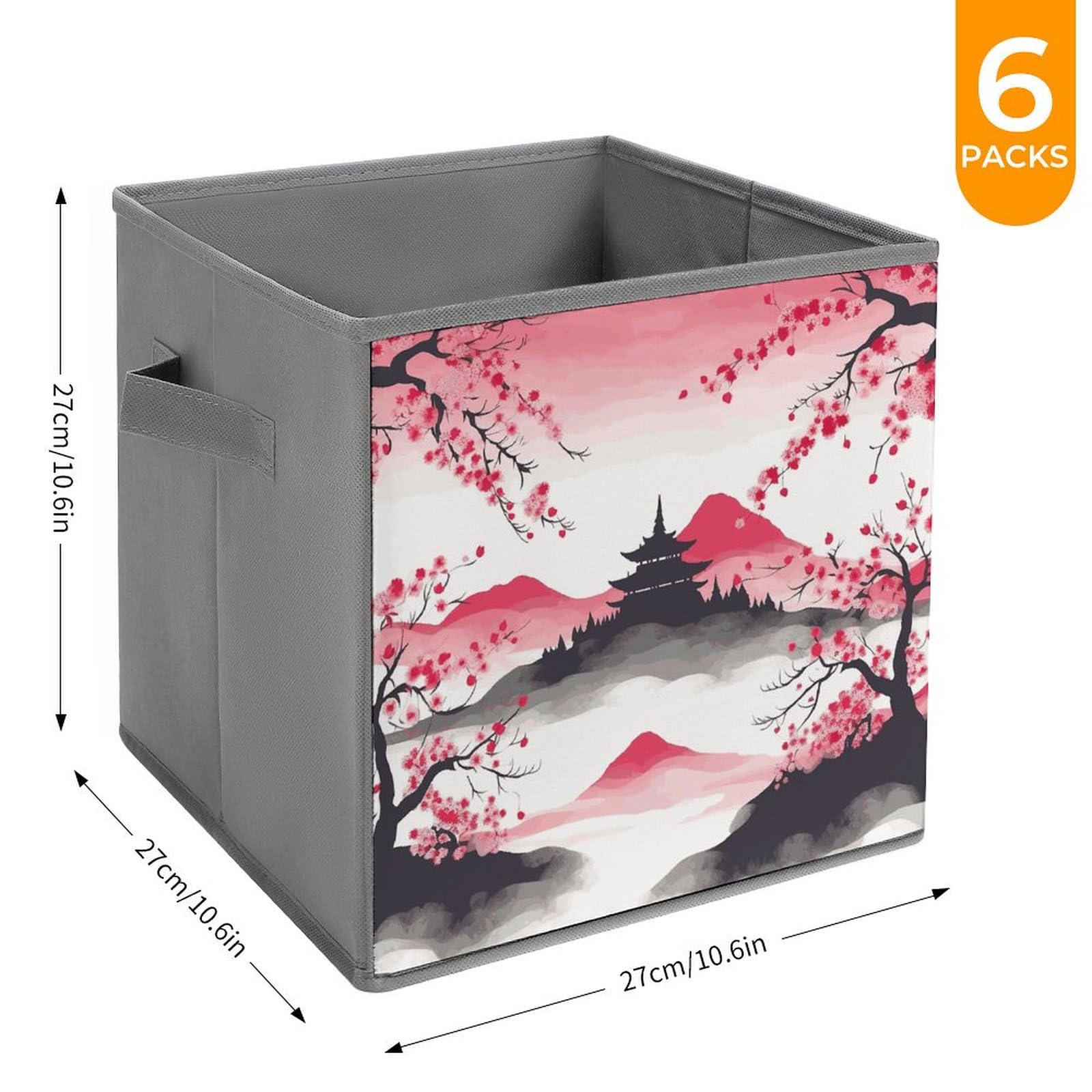 6-Piece Collapsible Storage Bins with Cherry Blossom & Mount Fuji Print - Foldable Storage Containers with Handles for Home Organization, Closet, Pantry, Nursery & Office Shelves | Space-Saving Multi-Purpose Storage Boxes & Baskets