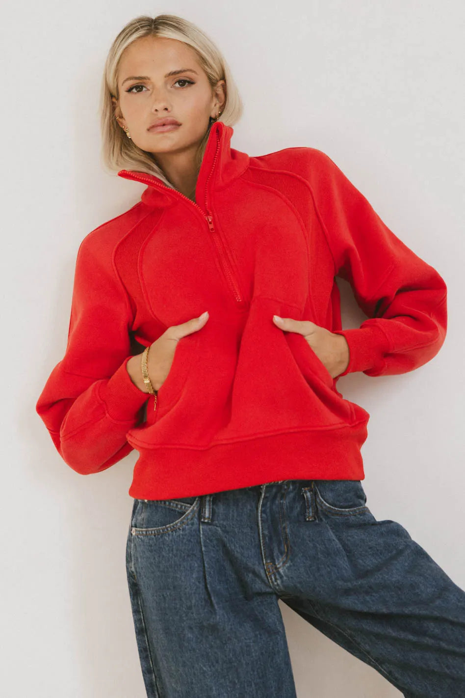 Krista Half Zip Sweatshirt for Women - Cozy Red Pullover Fleece Top | Casual Loungewear & Outdoor Activities | FINAL SALE