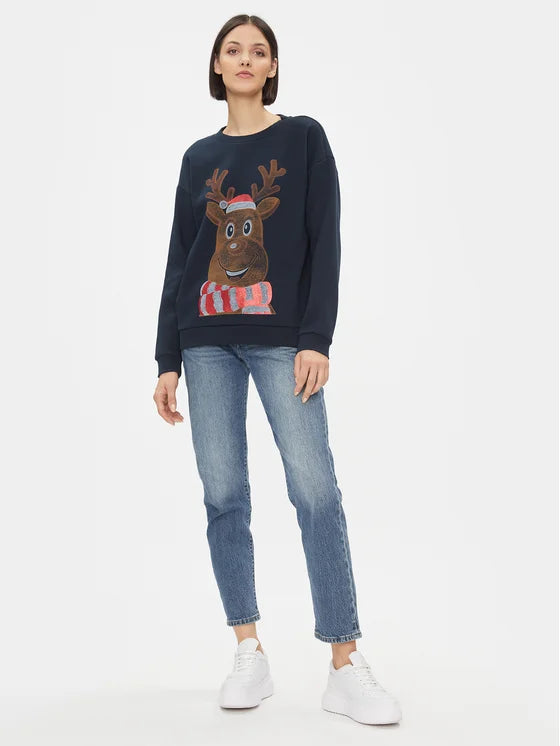 Sparkling Glitter Reindeer Christmas Sweater for Women & Men - Navy Blue Holiday Pullover for Xmas Party & Family Gatherings