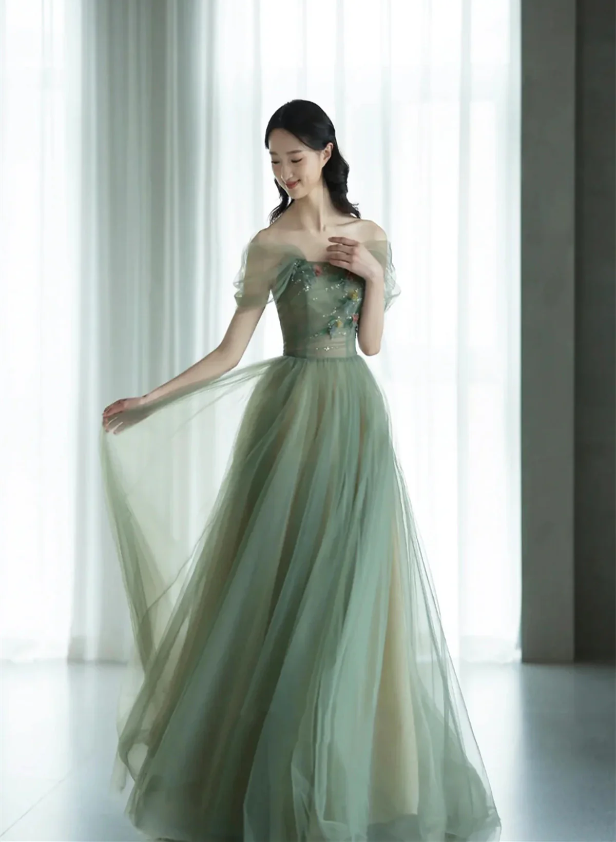 Elegant A-Line Green Tulle Off-Shoulder Prom Dress with 3D Floral Appliques - J4475 | Perfect for Evening Gala, Homecoming Dance, Wedding Guest & Special Occasions