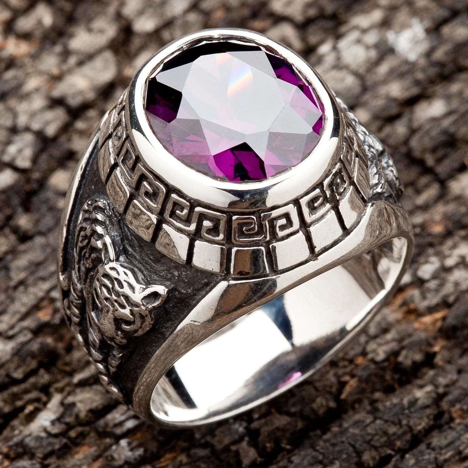Purple Amethyst Japanese Tiger Dragon Men's Ring - Handcrafted Sterling Silver Statement Jewelry for Gifts, Fashion & Spiritual Protection