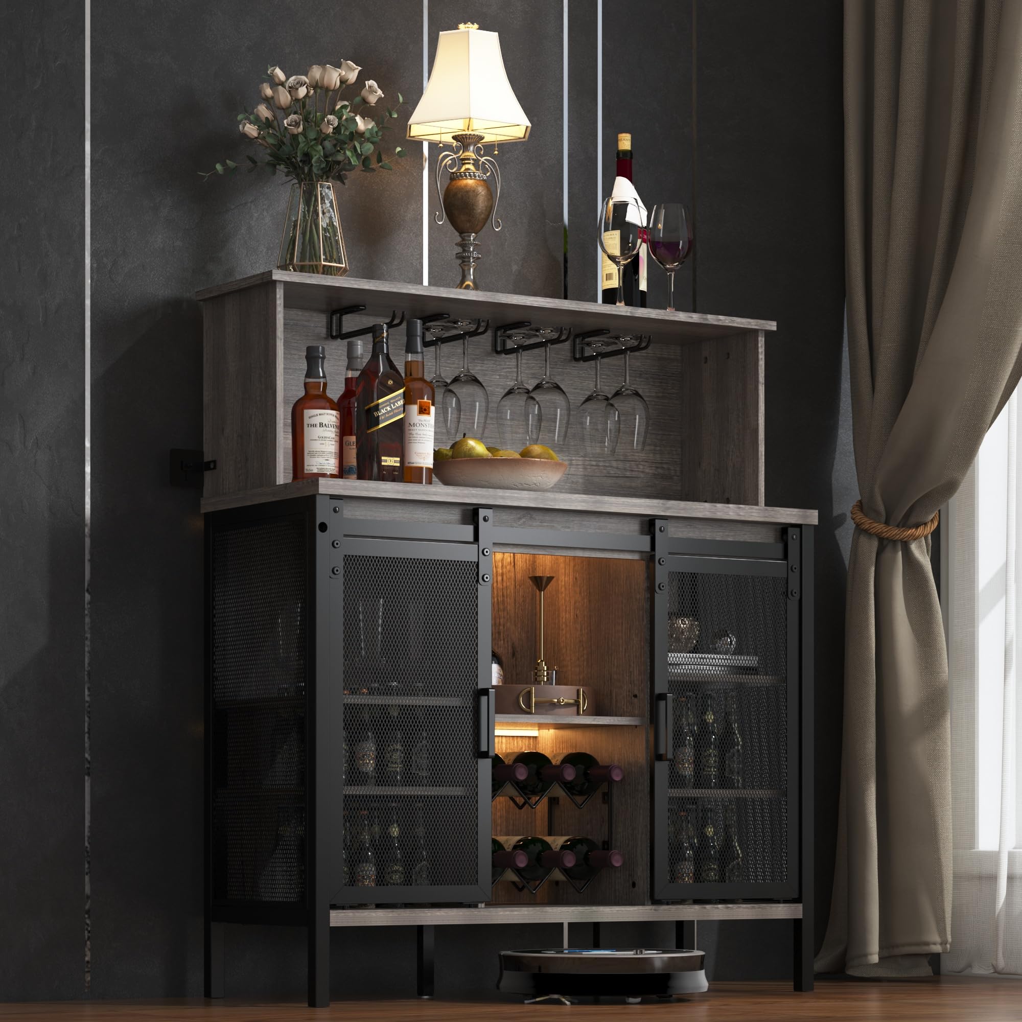 QNICE Farmhouse Coffee & Wine Bar Cabinet with Sliding Barn Door - Rustic Oak Buffet Storage with Wine Rack, Glass Holder & LED Lighting for Kitchen, Living Room, Dining Room - Perfect for Entertaining Guests & Home Decor