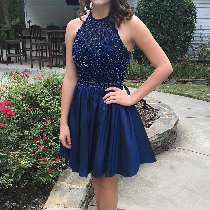 Elegant A-Line Beaded Halter Satin Homecoming Dress - Short Prom Gown for Women 2017 | Perfect for Formal Dances, Parties & Special Occasions