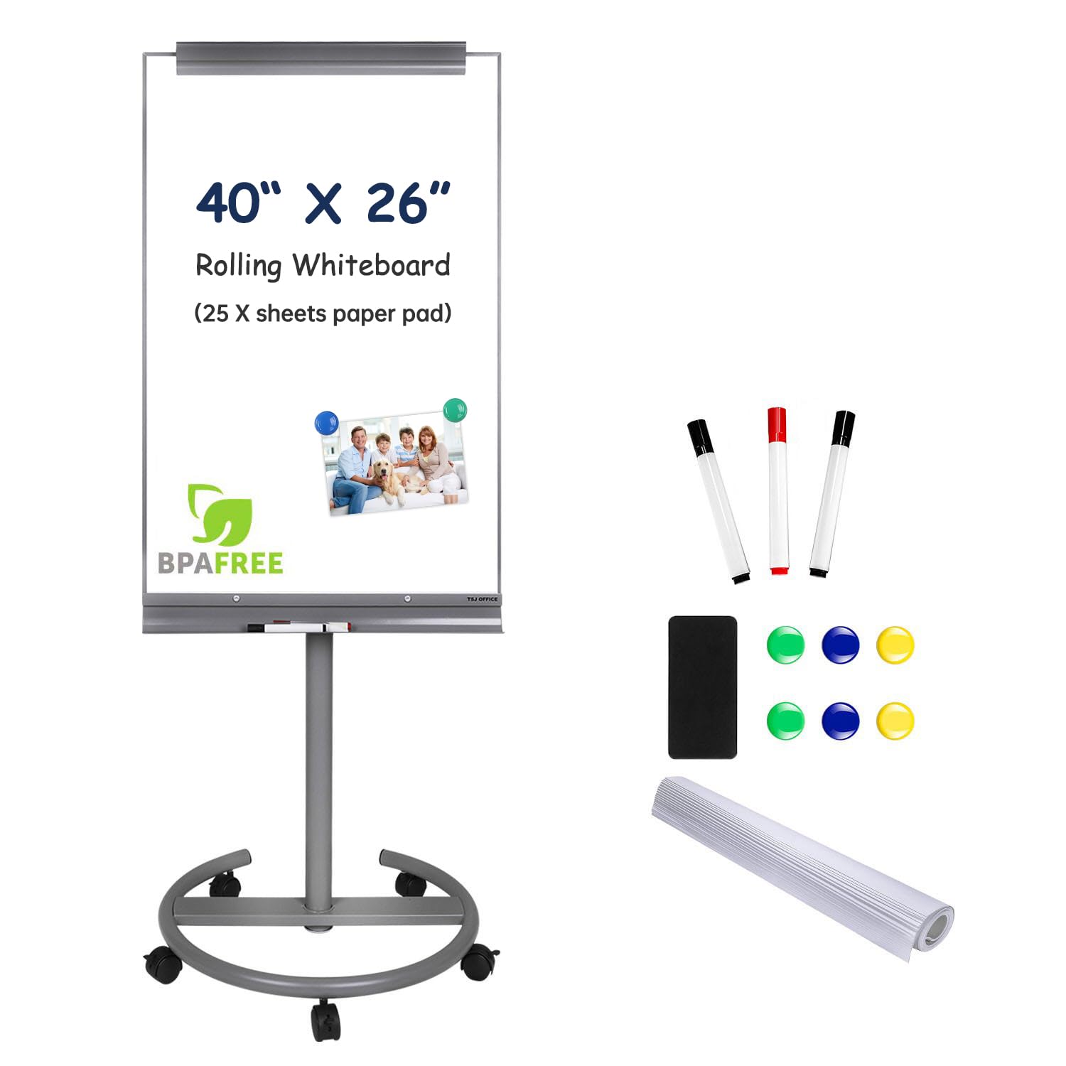 TSJ OFFICE Mobile Standing Whiteboard - 40 x 26 Inches Dry Erase White Board with Rolling Stand, Adjustable Height Tripod Easel for Office Meetings, Classrooms & Home Office Presentations