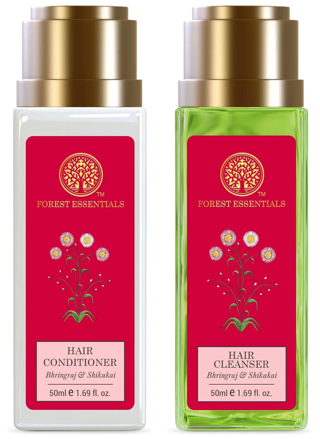 Forest Essentials Bhringraj & Shikakai Hair Cleanser & Conditioner Set (50ml Each) - Ayurvedic Hair Care for Dry Scalp & Damaged Hair - Perfect for Daily Nourishment & Shine