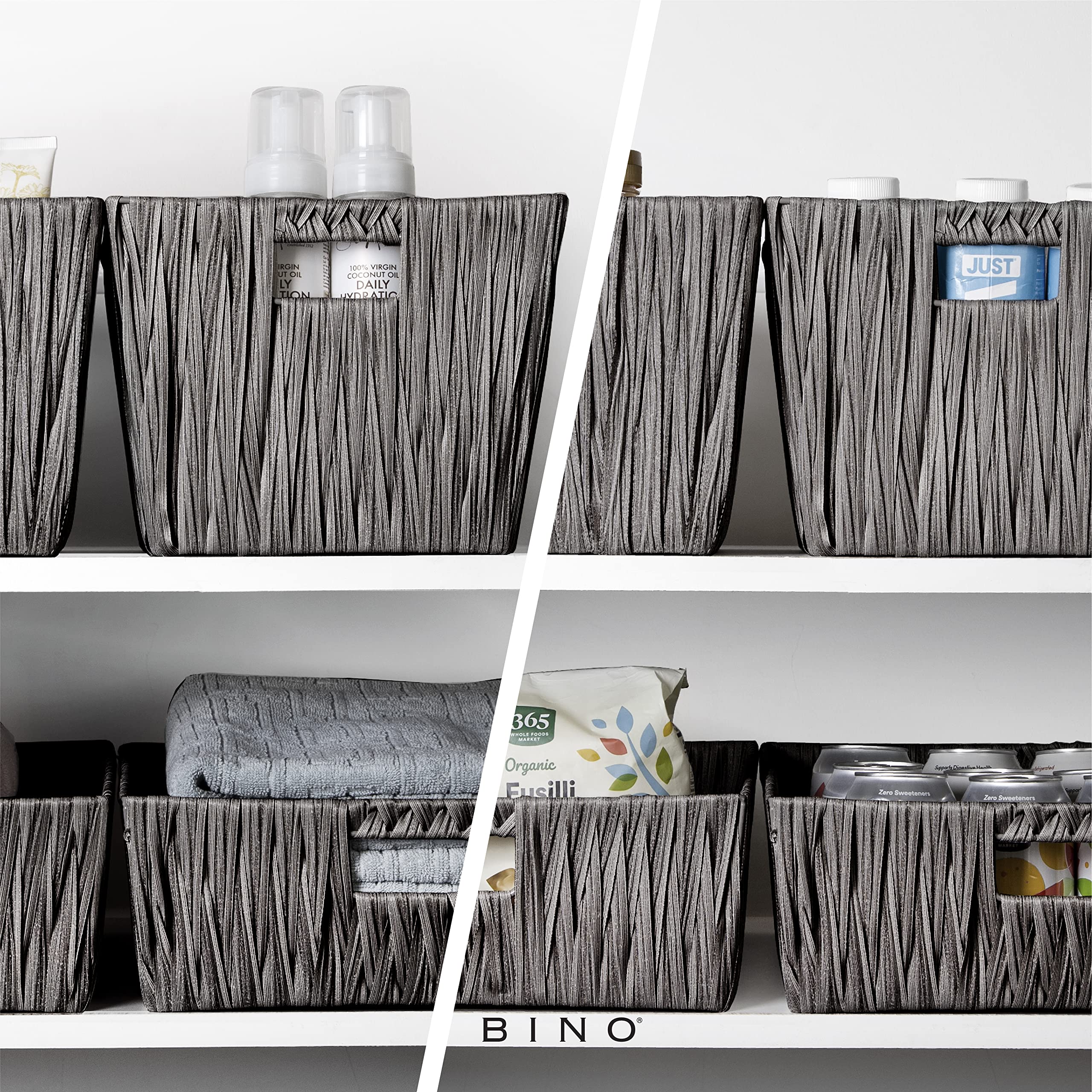BINO 2-Pack Woven Resin Storage Baskets - Medium Dark Grey Shelf Organizer with Built-in Handles | Perfect for Closet, Bathroom & Pantry Organization