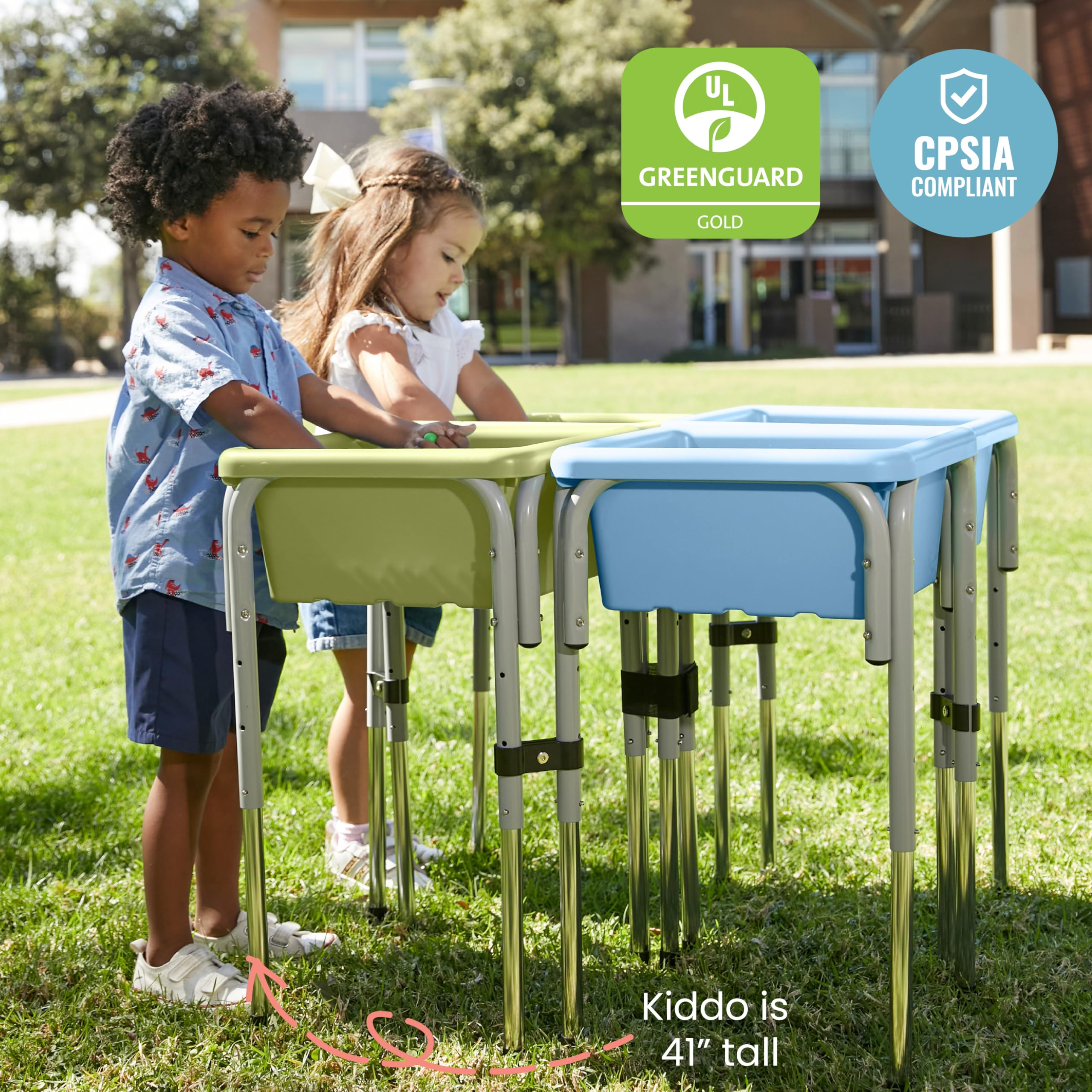 ECR4Kids 4-Station Adjustable Sand and Water Play Table with Sensory Bins - Fern Green & Powder Blue for Kids Indoor/Outdoor Sensory Play, Preschool Learning Activities, and Backyard Fun