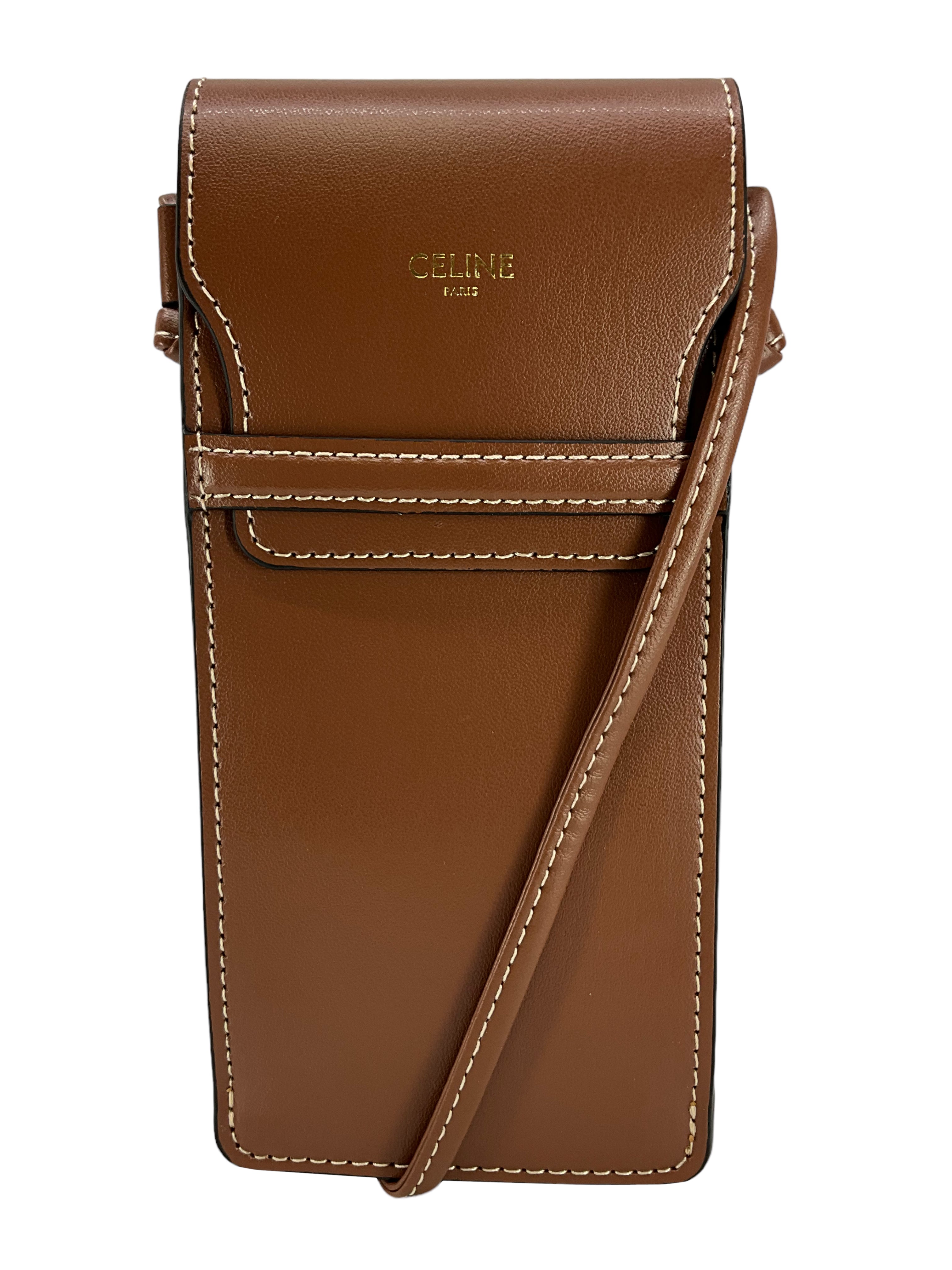 CELINE Grained Calfskin Phone Pouch With Flap - Luxury Crossbody Bag for iPhone 15/14/13 Pro Max, Perfect for Travel, Shopping & Everyday Use