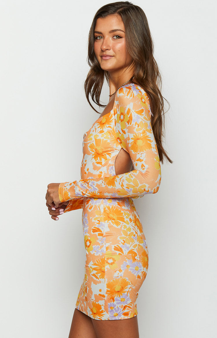Ashi Orange Floral Long Sleeve Mini Dress - Women's Floral Print Party Dress for Date Night, Cocktail Party & Spring Wedding Guest Outfit