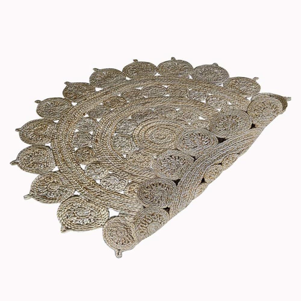 Hand Woven Jute Eco-Friendly Round Oriental Area Rug - 5'x5' Natural Fiber High Pile Cream Rug for Living Room, Bedroom, Patio | Indoor Outdoor Bohemian Decor, Meditation Space & Cozy Home Accent