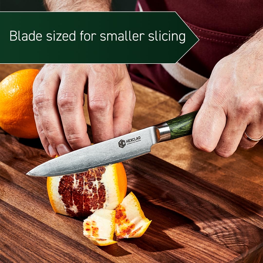 HexClad 5-Inch Japanese Damascus Stainless Steel Utility Knife with Pakkawood Handle - Perfect for Kitchen, Camping & Outdoor Cooking