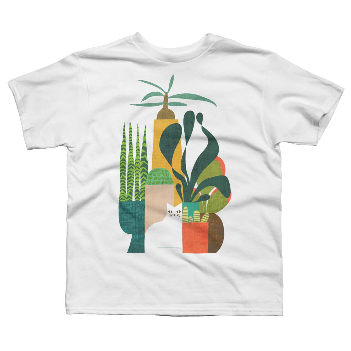 Design By Humans Boys Cat and Plants Graphic T-Shirt - Cute Cat & Botanical Print Tee for Kids - Perfect for Casual Wear, School & Playdates
