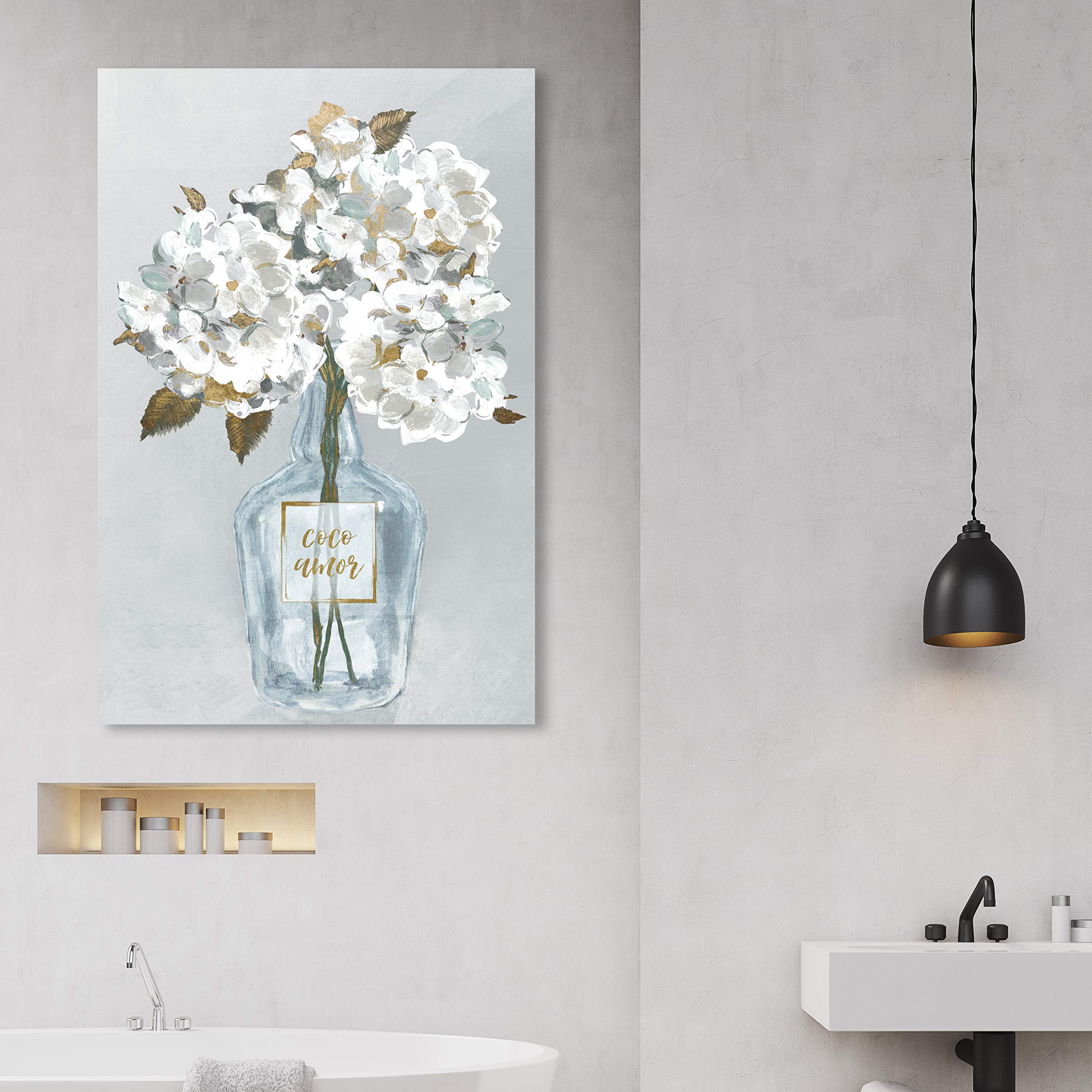 Oliver Gal Artist Co. Floral Wall Art Canvas Print 'Coco Amor Bouquet' - 30x45 Inch White & Gold Framed Home Decor - Perfect for Living Room, Bedroom & Office Wall Decoration