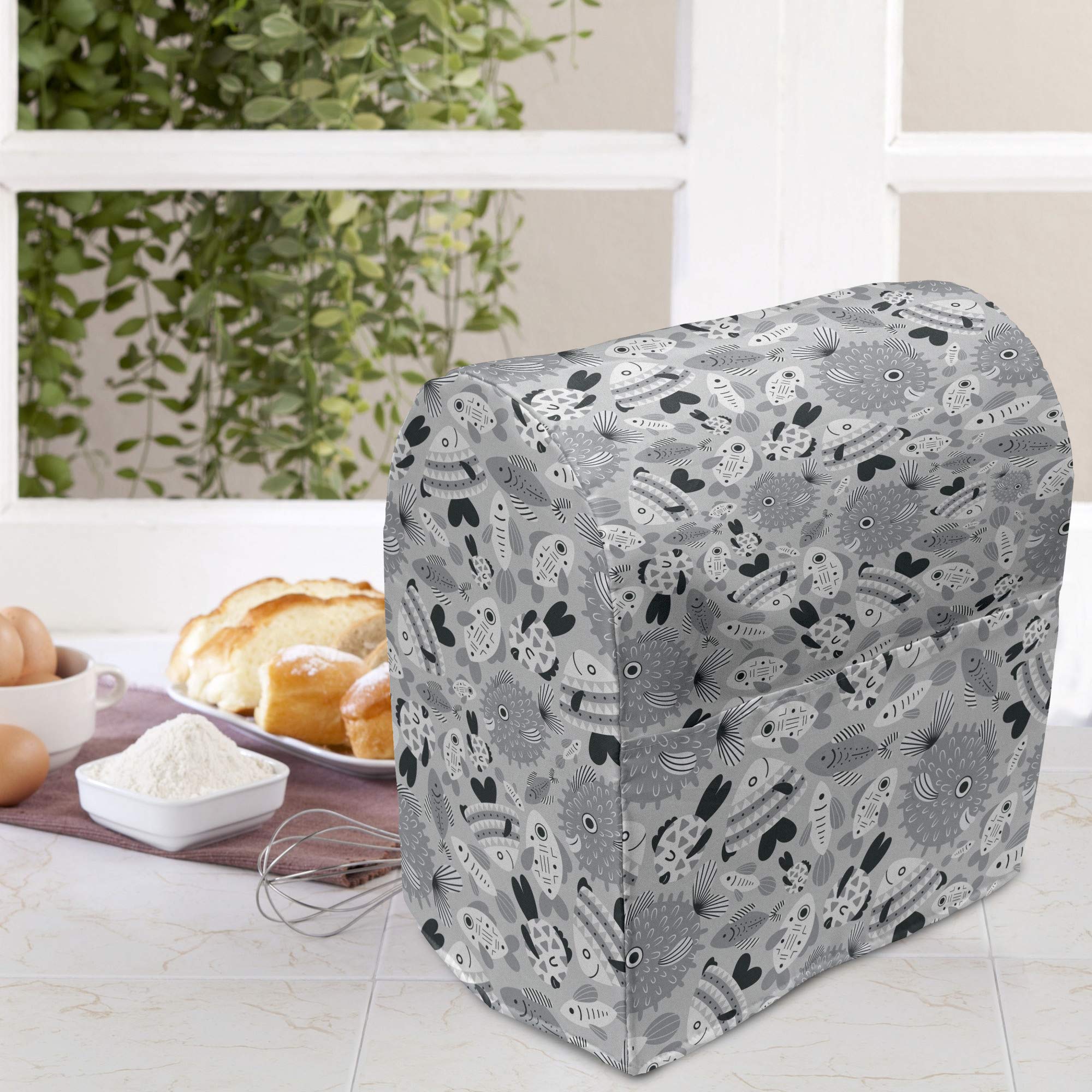 Ambesonne Stand Mixer Cover - Sea Fishes Ocean Bubbles Grey Cartoon Design, 6-8 Quart Kitchen Appliance Organizer with Pocket, Pearl & Pale Grey | Perfect for Kitchen Organization & Mixer Protection