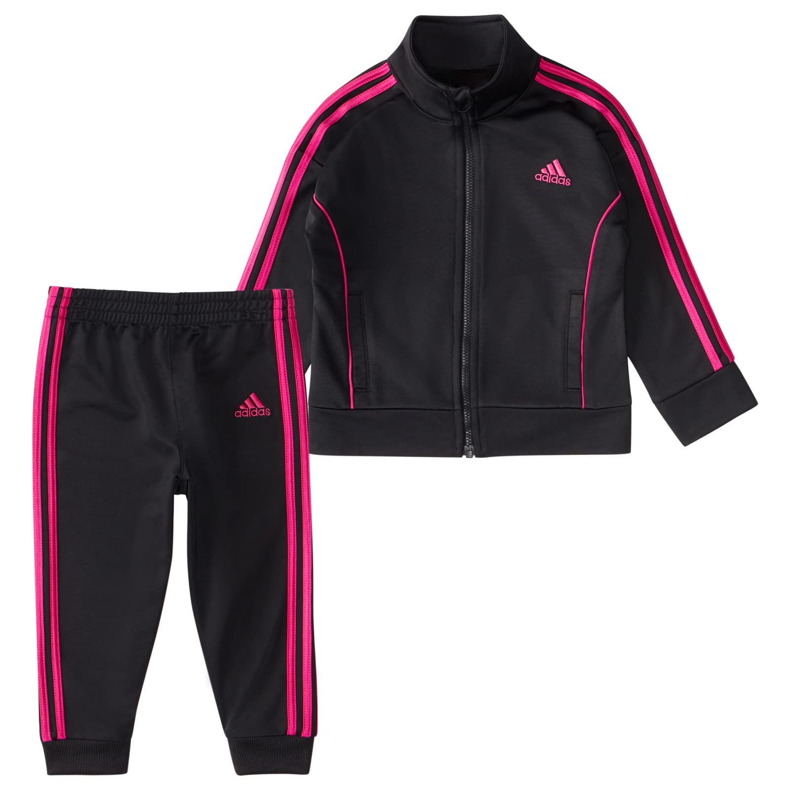 Adidas Girls Zip Front Classic Tricot Jacket & Joggers Set - 24 Months, Black with Real Magenta | Comfortable Athletic Outfit for Toddlers, Perfect for Playdates, Daycare & Outdoor Activities