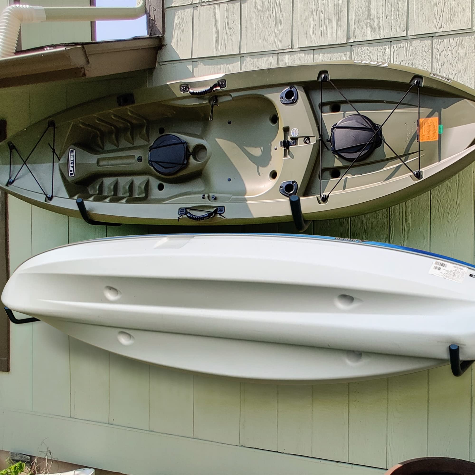 WMK Kayak Storage Racks - 4 Pack Wall Mounted Canoe & Kayak Hooks for Garage, Shed or Outdoor Organization - Heavy Duty Hangers for Surfboards, Paddle Boards, Snowboards, Ladders & Bikes - Perfect for Water Sports Equipment Storage & Garage Organization