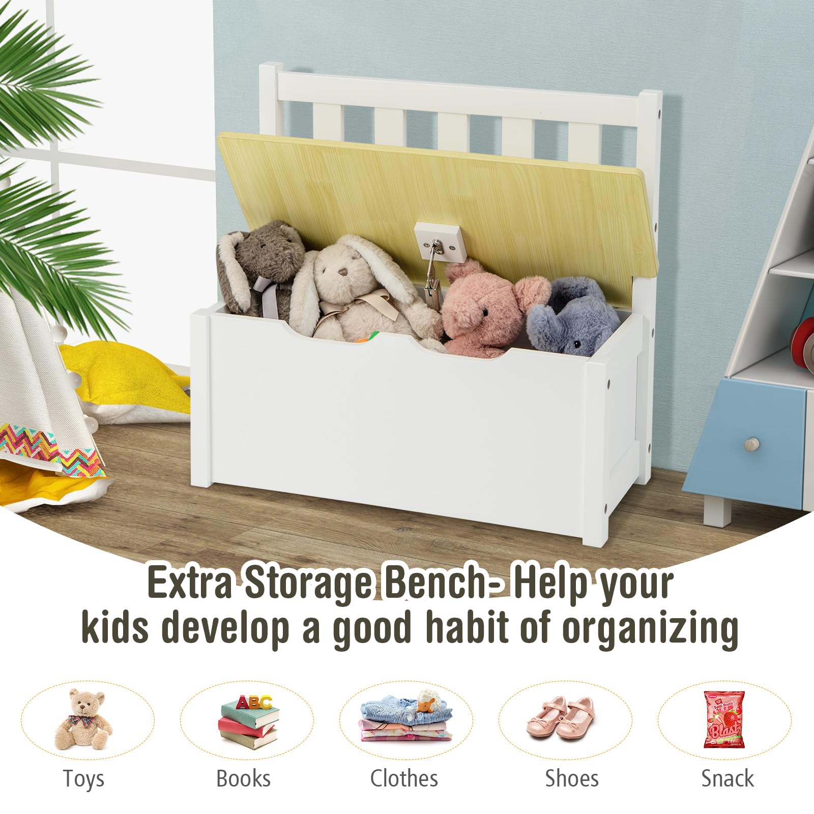 KOTEK 4-Piece Kids Table and Chair Set with Toy Storage Bench - Natural Wood Toddler Activity Table for Arts, Crafts, Snack Time - Perfect for Playroom, Kindergarten & Bedroom (Ideal for Learning, Drawing & Pretend Play)