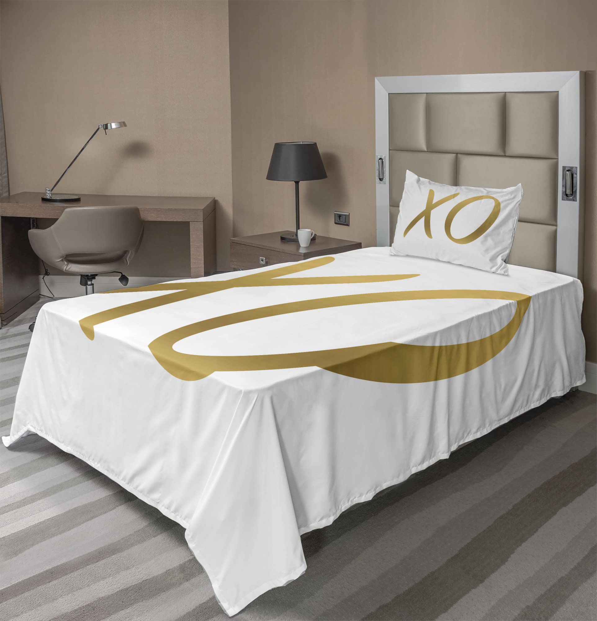 Ambesonne Xo Sheet Set - 3 Piece Bedding Set with Love, Affection & Friendship Design, Twin Size, Sand Brown & White - Perfect for Romantic Bedrooms, Guest Rooms & Cozy Home Decor