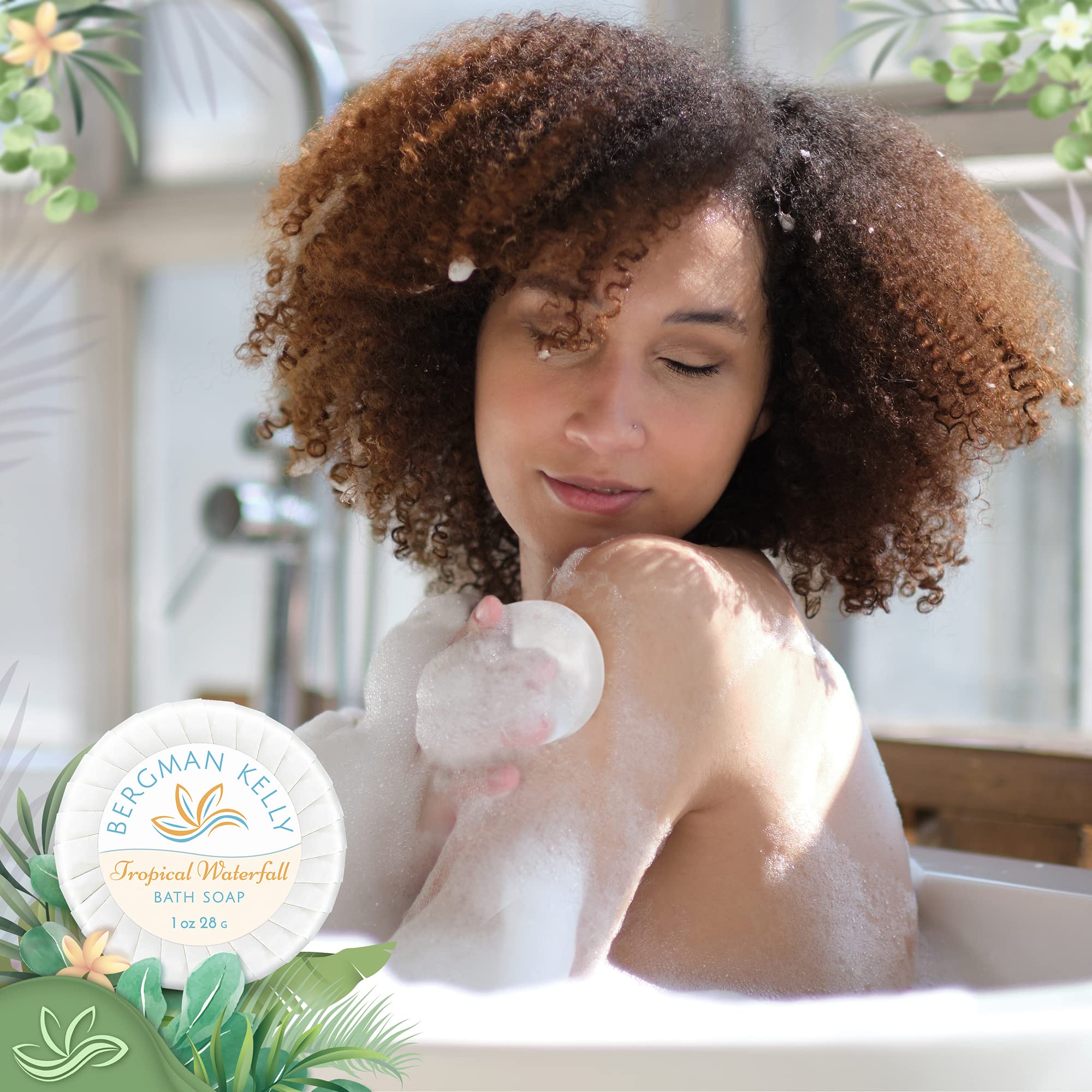 BERGMAN KELLY Round Soap Bars - 2in1 Shampoo & Conditioner Set (Tropical Waterfall Scent, 1 oz Each, 100-Piece Bulk Pack) - Moisturizing & Refreshing Hotel Amenities for Guest Bathrooms, Spas, and Luxury Travel Toiletries