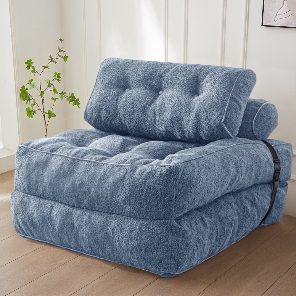 MAXYOYO Fuzzy Sofa Bed - Convertible Sleeper Chair with Pillow in Dusty Blue | Comfortable Foldable Couch for Small Spaces, Guest Room & Apartment Living
