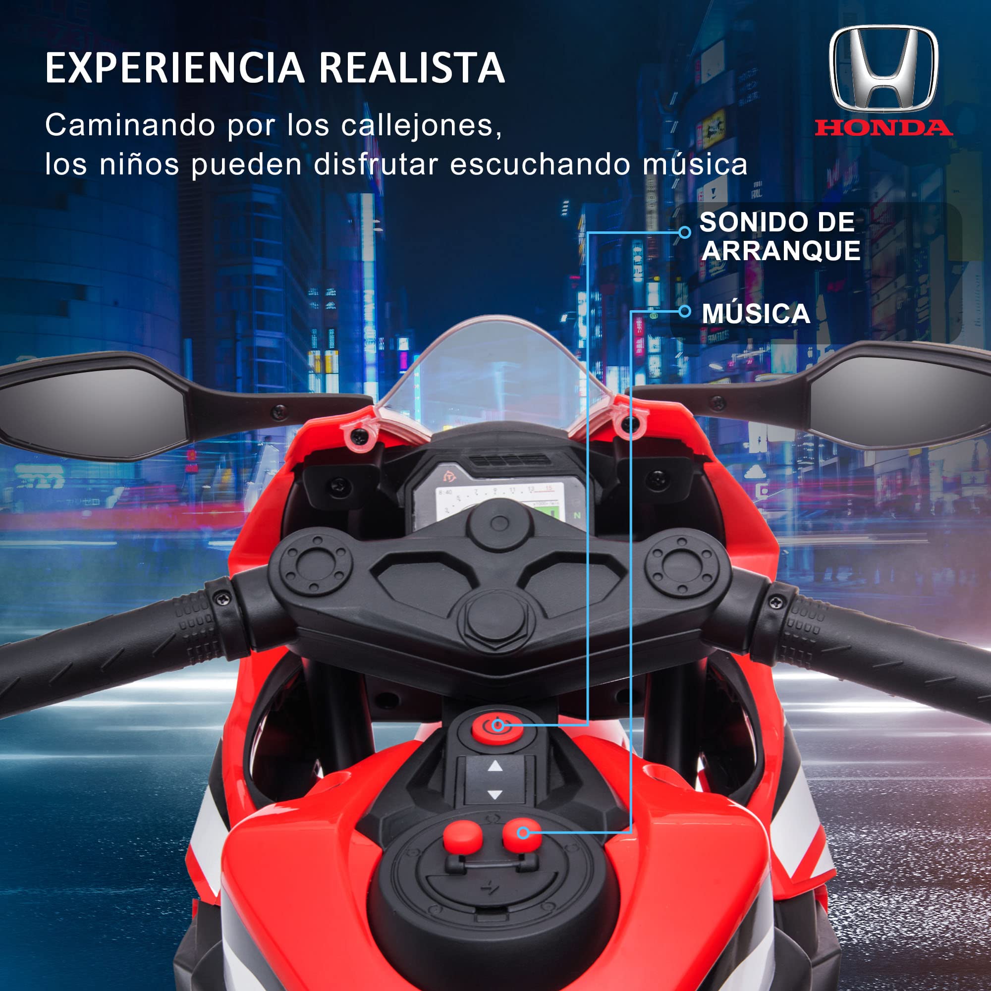 HOMCOM Licensed Honda-Style Electric Motorcycle for Kids 3-5 Years | 6V Battery-Powered Ride-On Toy with Headlight, Horn, Music & Removable Training Wheels | 30kg Weight Capacity 90x44x52cm | Red | Perfect for Birthday Gifts, Outdoor Play & Early Riding Skills Development