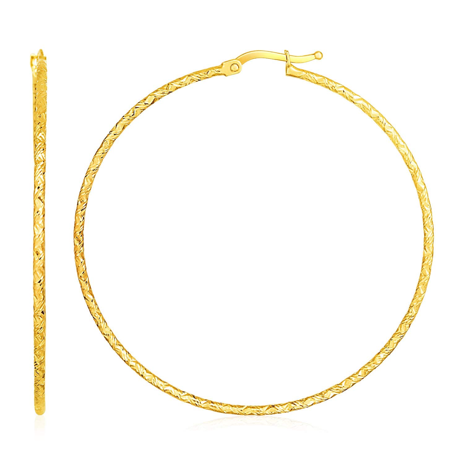 14K Yellow Gold Large Textured Hoop Earrings - 50mm Diameter, 1.5mm Thick - Elegant Dangle Earrings for Women, Perfect for Parties, Weddings & Everyday Wear