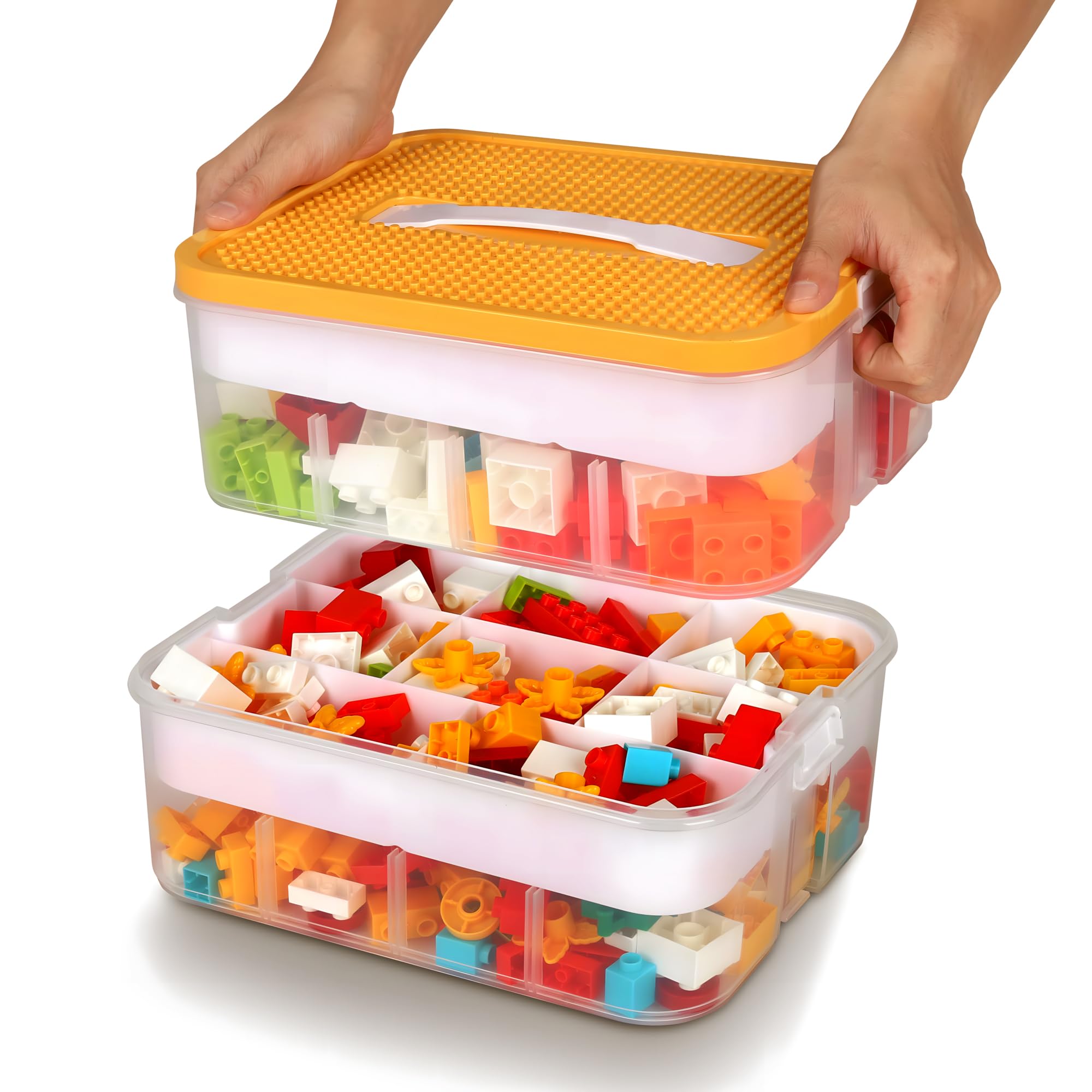Stackable Kids Lego Storage Organizer - 2-Layer Clear Building Blocks Container Box with Baseplate Lids | Portable Playroom Organization Bin with Drawers & Puzzle Board | Perfect for Lego Brick Storage, Craft Organization & Kids Room Decor