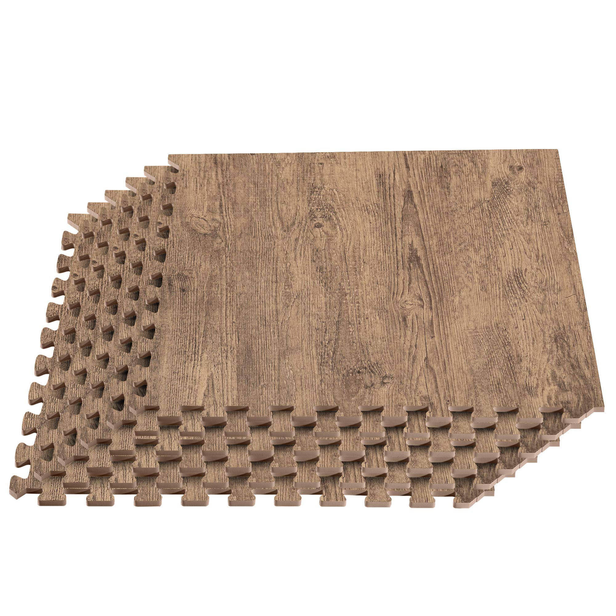 Premium Wood Grain Interlocking Foam Floor Mats - 3/8 Inch Thick Printed Foam Tiles for Home Gym, Playroom & Nursery - Anti-Fatigue Flooring with Farmhouse Style - Forest Floor Design