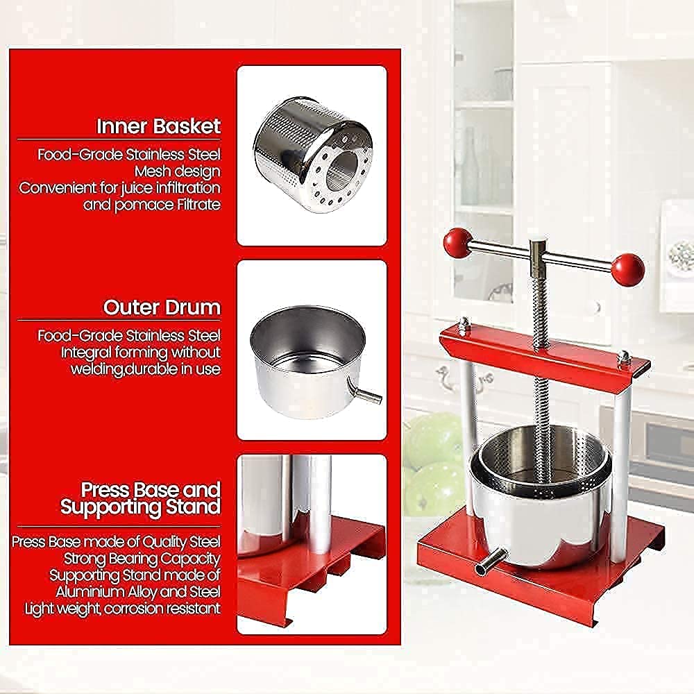 Premium Manual Fruit Press - 0.8 Gallon (3L) & 1.8 Gallon (7L) Options for Cheese, Herbs, Wine Making - Perfect for Home Brewing, Cider Pressing & Juice Extraction