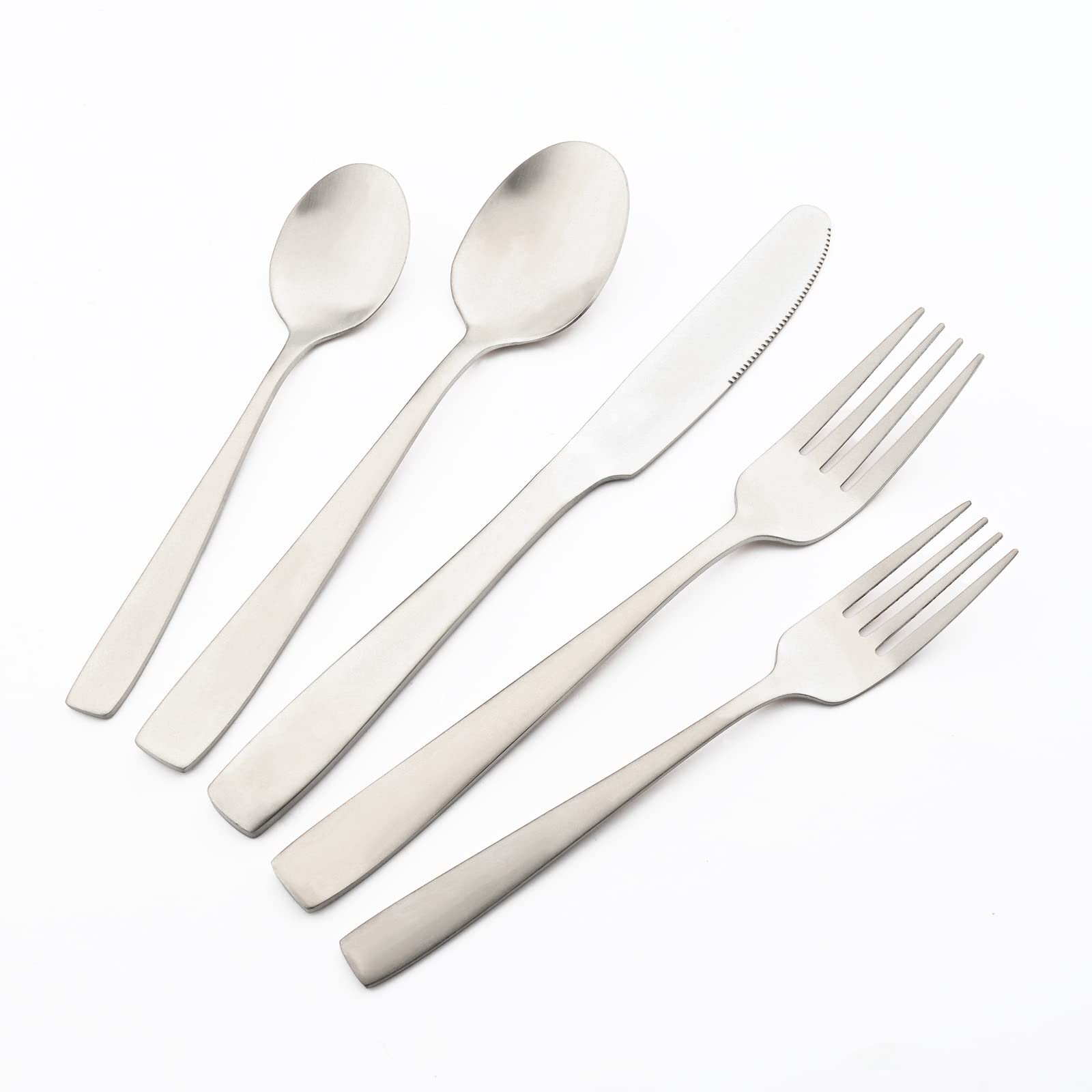 5-Piece Stainless Steel Silverware Set - Matte Silver Flatware for 1 (Knife, Fork, Spoon) | Elegant Dining Utensils for Family Meals, Restaurants & Dinner Parties | Dishwasher Safe Kitchen Cutlery Set