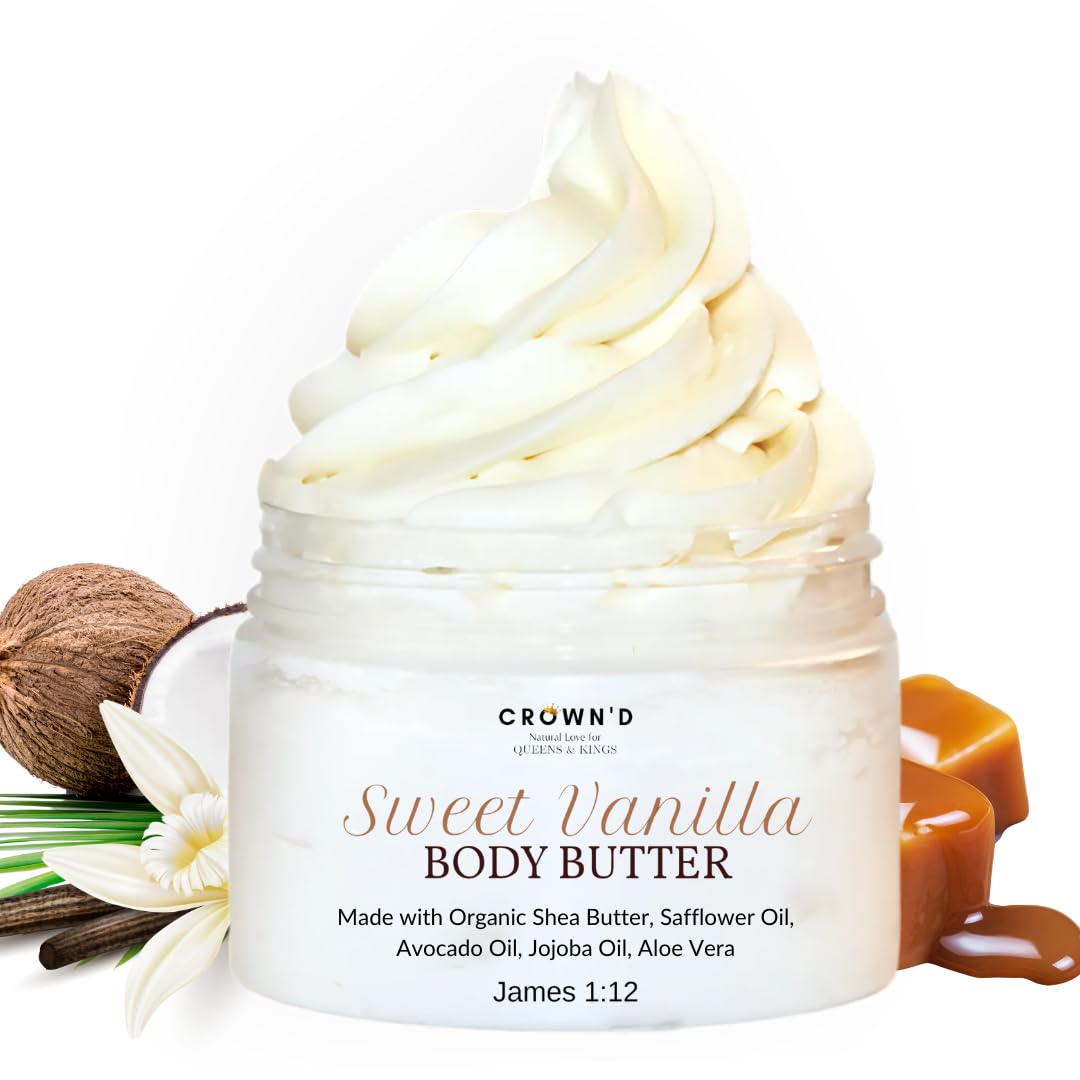 CROWN'D Sweet Vanilla Whipped Shea Body Butter - Lightweight & Long-Lasting Hydrating Moisturizer with Natural Shea Butter for Dry Skin - 4 oz | Perfect for Daily Body Care, Post-Shower Hydration & Gift Giving